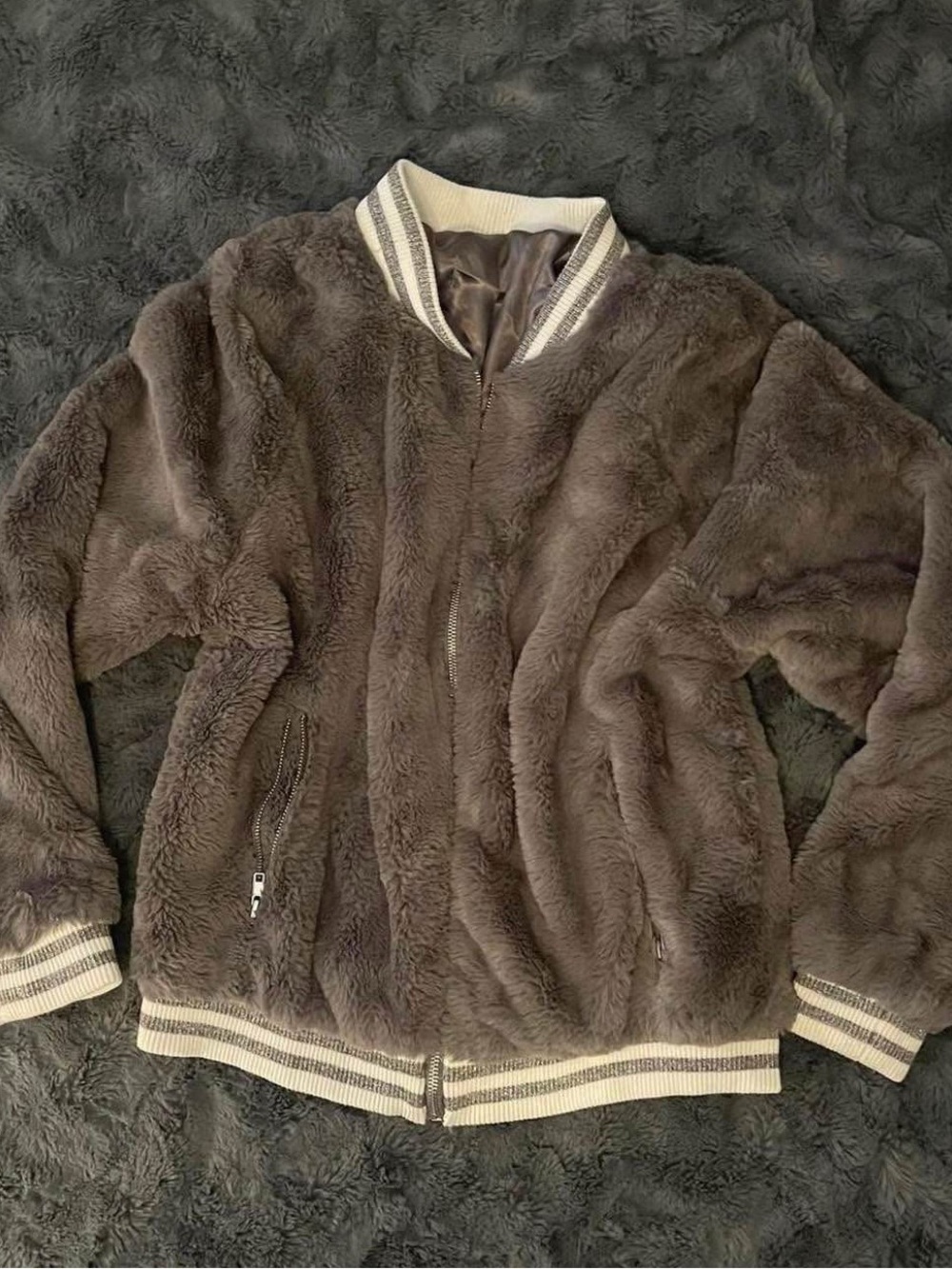 Cozy Faux Fur Bomber Jacket - Grey with White Trim